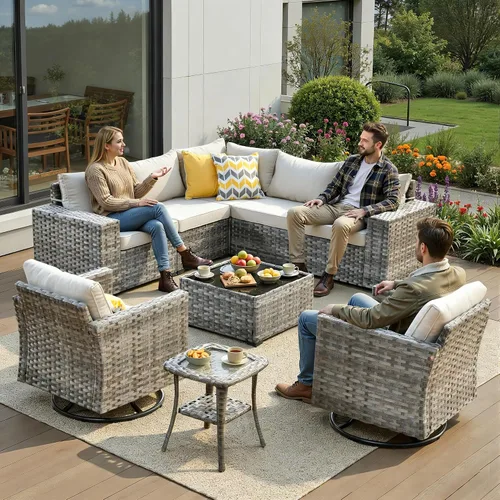 Vista 11 de Juego de muebles de patio de 6 piezas, sofá modular de mimbre para exteriores con mesa auxiliar, cómodos cojines, moderno sofá modular de ratán