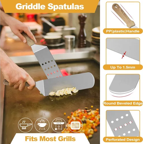 Vista 3 de HaSteeL - Juego de 5 espátulas de metal, kit de accesorios de plancha resistente, de acero inoxidable duradero, para hamburguesas, espátulas