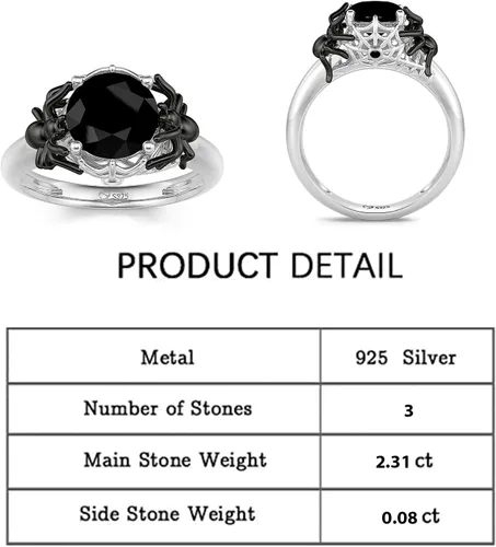 Vista 2 de Jeulia Anillo de plata de corte redondo anillo gótico de plata de ley Hug Me araña negra, anillo de moda para aniversario, compromiso, boda