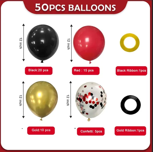 Vista 2 de Globos de fiesta rojos, negros y dorados, globos de látex negro y rojo, 50 globos de 12 pulgadas, rojo, negro y dorado, para graduación, Hollywood