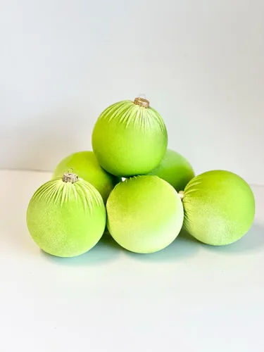 Vista 2 de WHITEROOM Lime Green Handmade Velvet Ornaments, Bulk Tree Balls, Holiday Decorations, Gift Ideas, Luxury Bulbs – Set of 6