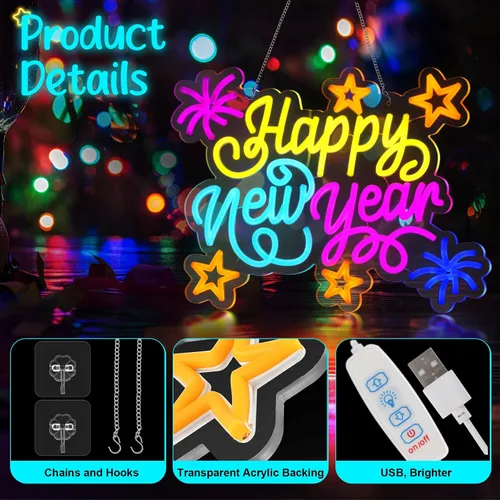 Vista 4 de Retisee - Letrero de neón de feliz año nuevo, luz LED alimentada por USB, letrero de neón de feliz año nuevo para decoración de pared