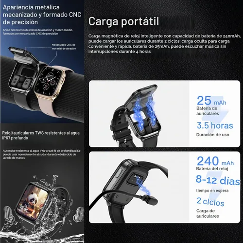 Vista 6 de Tuanzi X9 2 en 1 Reloj inteligente TWS inalámbrico Bluetooth auricular 1.85 pulgadas reloj con auriculares dentro de monitor de salud rastreador