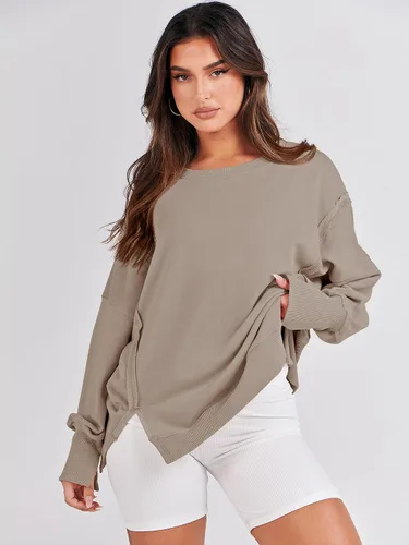 Vista 3 de ANRABESS Sudadera de gran tamaño para mujer, cuello redondo, manga larga, casual, con abertura, sin botones, ropa de otoño