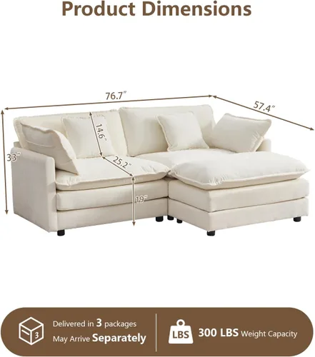 Vista 2 de Sofá Seccional Modular, Sofá Loveseat Moderno Sofá Nube con Otomana Móvil, Cómodo Asiento Profundo de Chenille en Forma de L Sofás para Sala de Negro