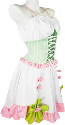 Vista 2 de Kanroji Mitsuri - Disfraz de cosplay para mujer, vestido de sirvienta de Lolita, traje de tirantes delgados con calcetín, traje de Halloween