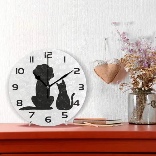 Vista 2 de Qilmy Reloj de pared para perros y gatos, silencioso, sin tictac, pintura al óleo, reloj redondo para sala de estar, dormitorio, baño, decoración