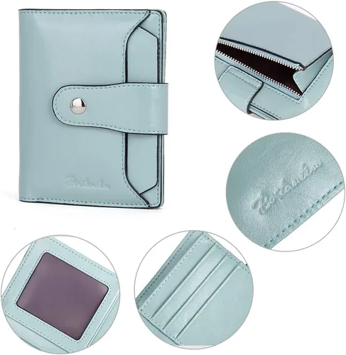 Vista 4 de BOSTANTEN Cartera de piel para mujer, con bloqueo RFID, pequeña, plegable, con bolsillo con cremallera, tarjetero, con ventana de identificación