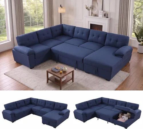 Vista 11 de asunflower Sofá cama modular con almacenamiento de 118 pulgadas, sofás seccionales en forma de U para sala de estar, sofá cama de gran tamaño de 6 a