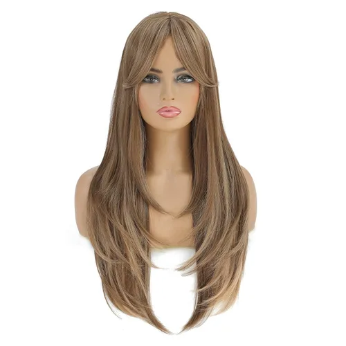 Vista 14 de SWACC Peluca de pelo sintético con flequillo largo en capas para mujeres con gorra de peluca (negro)