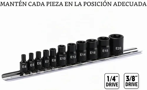 Vista 4 de EMENTOL Juego de llaves de vaso E-Torx con riel, CR-V, 1/4" y 3/8" Drive, hembra Torx Star Socket Set, E4 - E20