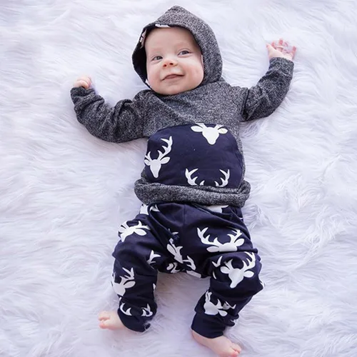 Vista 8 de Conjunto de 2 sudaderas con capucha con estampado de ciervo y bolsillo superior + pantalones largos a rayas para otoño