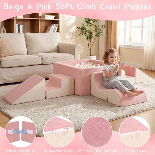 Vista 3 de STAOLENE Bloques de escalada de espuma suave con pozo de bolas, 6 juguetes de escalada de interior beige y rosa para niños pequeños, juego
