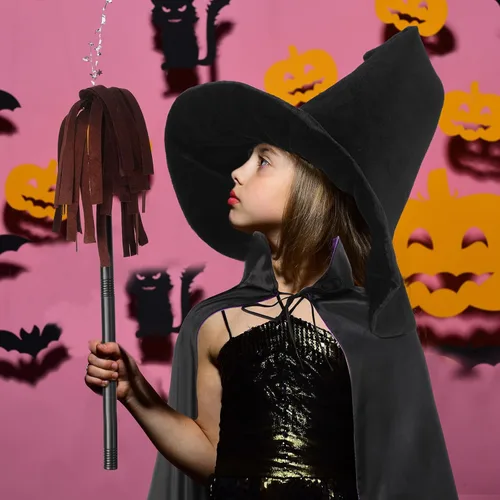 Vista 5 de Boyiee 3 piezas de disfraz de bruja para niños, capa reversible, sombrero de mago, escoba de mago, capa de vampiro para carnaval, Mardi Gras, Día