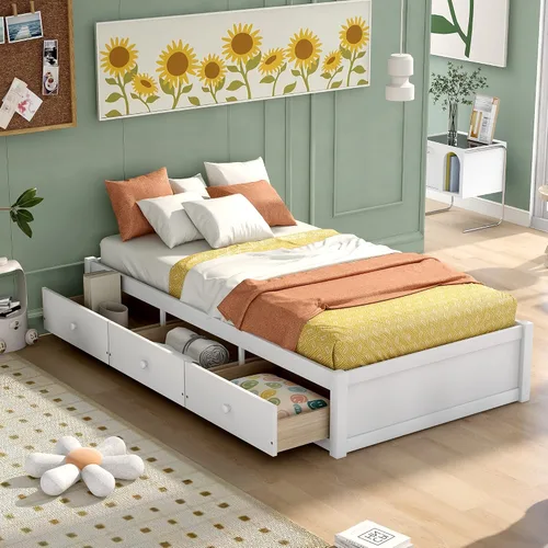 Vista 8 de Merax Marco de cama de madera con 3 cajones, cama de día individual Storge con soporte de listones de madera, ahorro de espacio, cereza
