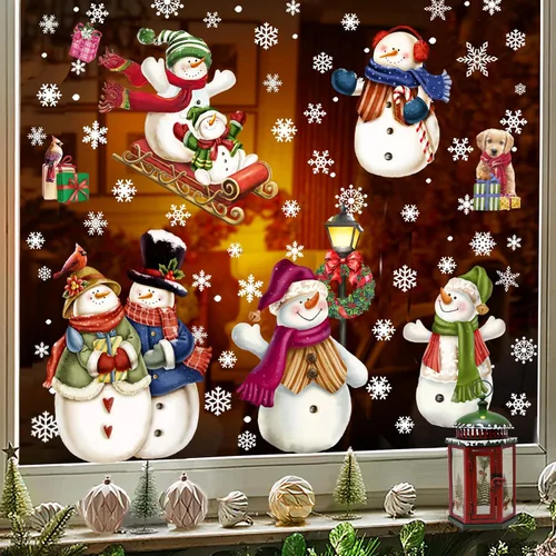 Vista 2 de 194 piezas de calcomanías de ventana de Navidad, copos de nieve y muñeco de nieve para ventanas de vidrio, decoraciones de Navidad para interiores