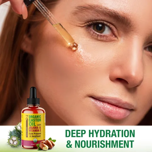 Vista 5 de Seven Minerals Aceite de ricino orgánico con jojoba y vitamina E para pestañas, cejas, cara y crecimiento del cabello, botella de vidrio, prensado