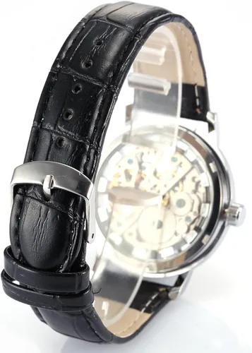 Vista 4 de Reloj de pulsera mecánico para hombre, correa de cuero con cuerda de esqueleto, plateado, Reloj esquelético, mecá