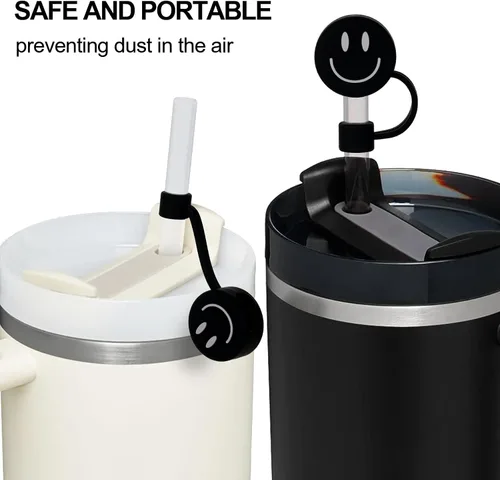 Vista 6 de Whaline 6 fundas de paja negras con diseño de sonrisa de 0.4 pulgadas, de silicona, reutilizables, redondos, con patrón de doble cara, para vasos