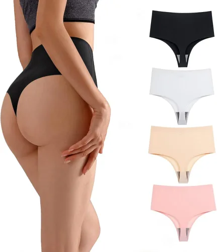 Vista 2 de linsgbpo Tanga de cintura alta para mujer ropa interior suave con forro de algodón paquete de 4