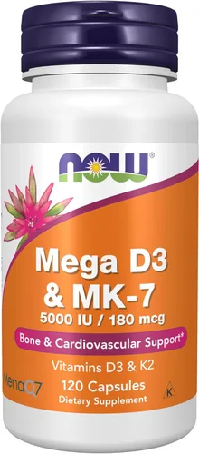 Vista 9 de Suplementos NOW Foods, Mega D-3 y MK-7 con vitaminas D-3 y K-2, 5.000 UI/180 mcg, soporte óseo y cardiovascular*, 60 cápsulas vegetales