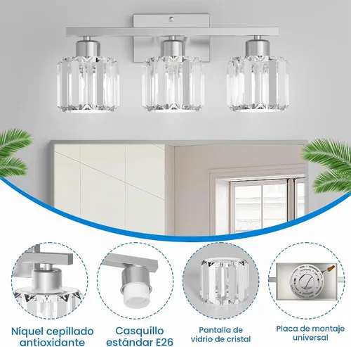 Vista 4 de comzler Lámpara de baño de 3 luces sobre espejo, aplique de pared de cristal de níquel cepillado con base E26 para espejo, cocina, sala de estar