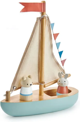 Vista 4 de Tender Leaf Toys - Sailaway Boat - Juego educativo de barco de vela de madera con 2 figuras de animales para niños, promueve el juego imaginativo