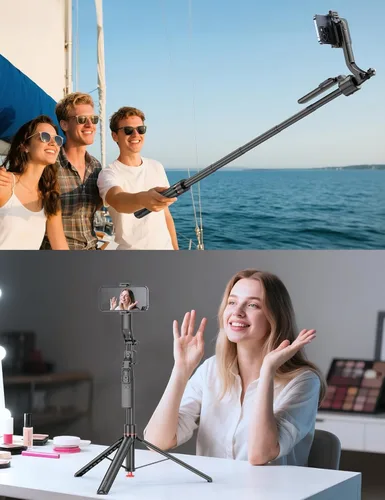Vista 9 de Trípode para selfie stick de seguimiento facial automático de 69 pulgadas, trípode automático para teléfono, trípodes de viaje de apertura