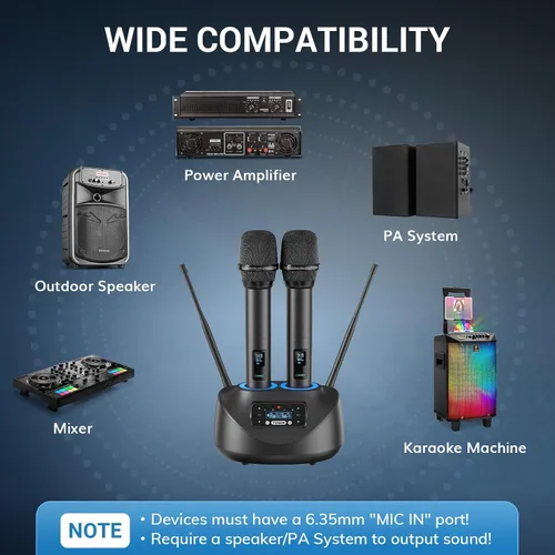 Vista 7 de TONOR Micrófonos inalámbricos Bluetooth, sistema de micrófono inalámbrico UHF recargable para fiestas en casa, doble mano de metal de 260 pies