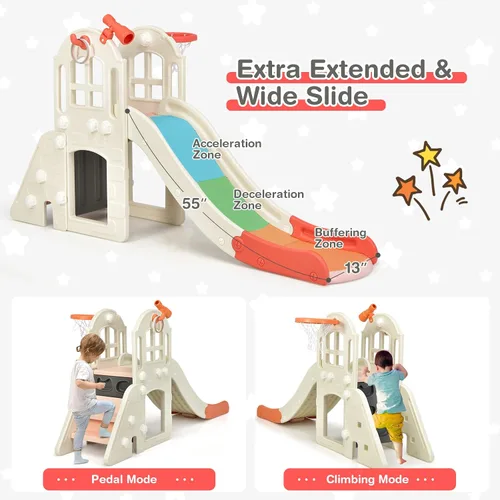 Vista 5 de Costzon Juego de casa de juegos y tobogán para niños, casa de juegos 7 en 1 al aire libre con puertas y ventanas de trabajo, mesa de picnic, juego