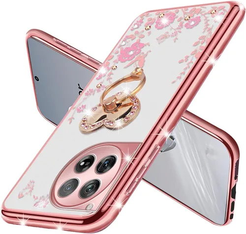 Vista 3 de Funda para OnePlus 12 2024 con bonito soporte de anillo de corazón y correa de silicona suave transparente para mujer, funda protectora a prueba