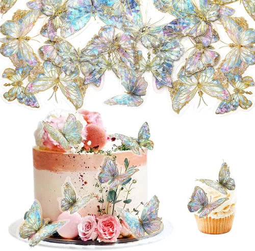 Vista 24 de 38 bolas de oro rosa para decoración de tartas, flores artificiales rosadas, decoraciones de pasteles de mariposa para decoración de pasteles
