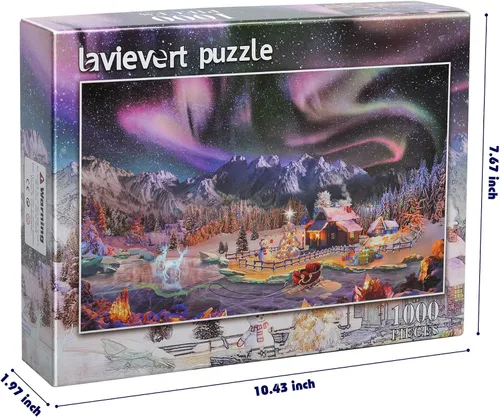 Vista 6 de Lavievert Rompecabezas de 1000 piezas para adultos – Noche nevada, aurora, árbol de Navidad, muñeco de nieve, trineo, escultura de hielo y ciervo