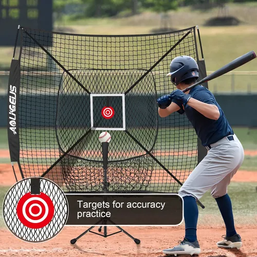 Vista 4 de 6'X6' Baseball Softball Practice Net with Batting Tee and Ball Caddy, Bonus Strike Zone Target and Bow Frame, for Hitting, Pitching, Catching