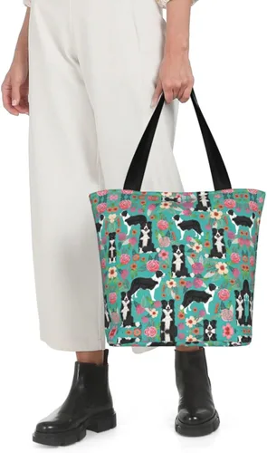 Vista 2 de Azul Rosa Y Púrpura Colores Pastel Impresión Hombro Tote Bolso De Gran Tamaño Bolso De Las Mujeres Bolso De Compras Para Las Mujeres, Border Collie