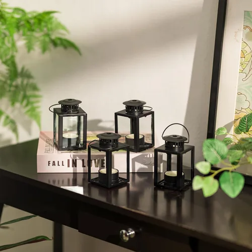 Vista 6 de Pequeño farol negro decorativo para exteriores, juego de 4