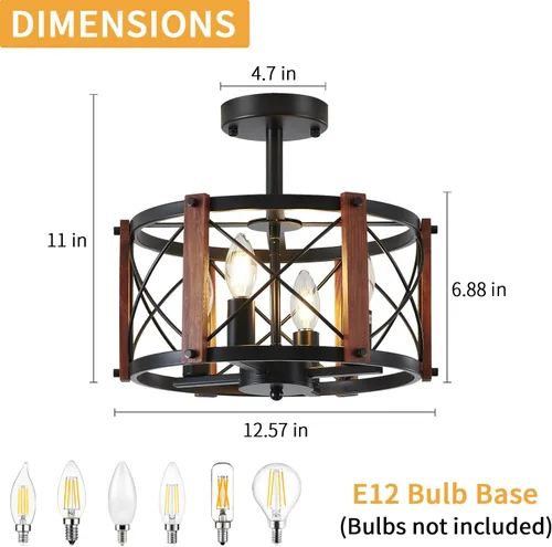 Vista 5 de Lámpara de techo semiempotrada rústica de 4 luces, 12.57 pulgadas, moderna, para entrada, pasillo, lámpara de cocina con tambor de madera de roble