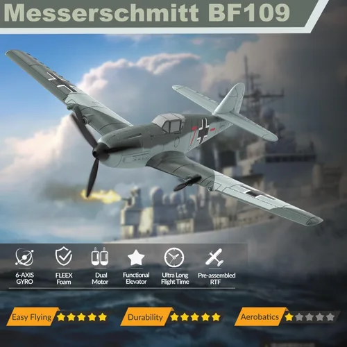 Vista 2 de Avión RC ANBURI, Avión de control remoto BF - 109 de 3 canales, 2.4GHz y estabilizador de giro de 6 ejes, 2 baterías incluidas, ideal para adultos