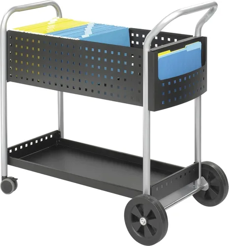 Vista 4 de Safco Carro de correo Scoot: diseño de acero duradero con capacidad para hasta 75 carpetas de tamaño legal, ruedas giratorias, detalles plateados