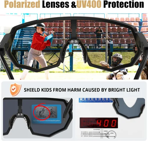 Vista 3 de X-TIGER Gafas de sol polarizadas de béisbol para jóvenes, UV400, para niños, niñas de 8 a 12 años, para sóftbol, ciclismo, deportes