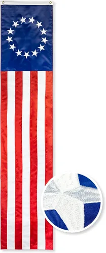 Vista 9 de G128 Paquete de 10: Banderines patrióticos estadounidenses y bandera desplegable de Betsy Ross, 13 estrellas bordadas en patrón circular con 5 rayas