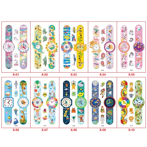 Vista 6 de Reloj de dibujos animados temporales tatuajes para niños, 10 hojas para niños, impermeables, tatuajes temporales con purpurina, seguridad