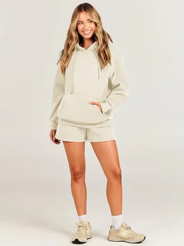 Vista 6 de ANRABESS Conjunto de 2 piezas para mujer, sudadera corta con cordón y capucha de gran tamaño, conjunto a juego