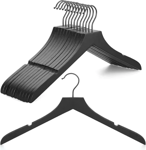 Vista 9 de TOPIA HANGER Perchas de madera de bambú, perchas con gancho negro giratorio y nothces de corte liso, juego de 12 perchas de madera duraderas