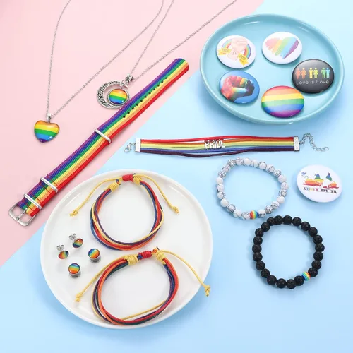 Vista 7 de UBGICIG 19 piezas de accesorios LGBTQ de orgullo ajustable, collar de orgullo para parejas, aretes de arco iris, calcomanías de arco iris, pines