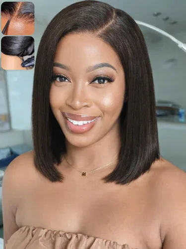 Vista 53 de KLAIYI Peluca de cabello humano con encaje frontal precortada 7x5, corte Bob en capas, corte romo, cordón sin pegamento, peluca predepilada