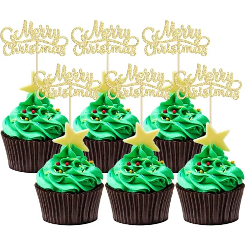 Vista 16 de Gyufise 24 piezas Adornos de pastel para revelación de género de Navidad con purpurina, sombrero navideño de Navidad, adorno de pastel de él o ella