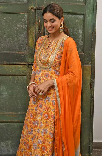 Vista 5 de Janasya Kurta india de algodón mostaza bordado con palazzo y dupatta