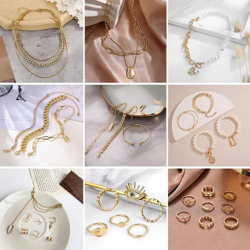Vista 2 de IFKM 36 PCS Gold Plated Jewelry Set with 4 PCS Necklace, 11 PCS Bracelet, 7 PCS Ear Cuffs Earring, 14 Pcs Knuckle Rings for Women Girls Valentine