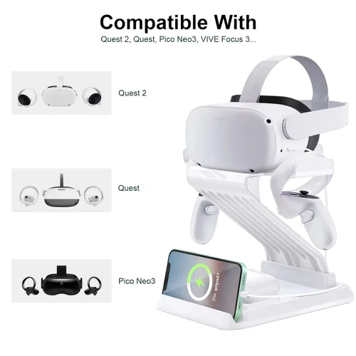 Vista 4 de VR Stand with charging port,Headset Display Holder and Controller Holder Mount Compatible with Oculus Quest 2Quest Pico Neo 3VIVE Focus 3 VR Headset